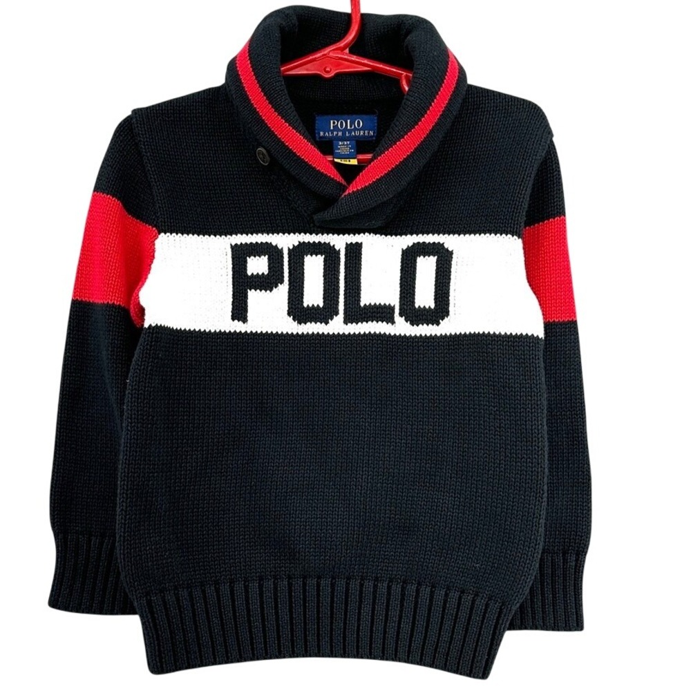 Polo Ralph Lauren Kids Black Red White Logo Shawl Collar Cotton Sweater 3T Prep